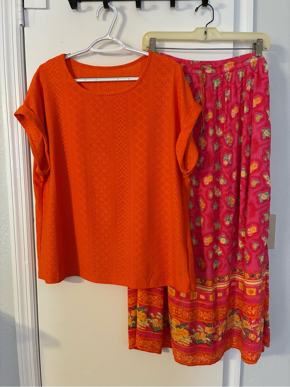 Bright Orange Eyelet Top with Pink and Orange Boho Maxi Skirt Set